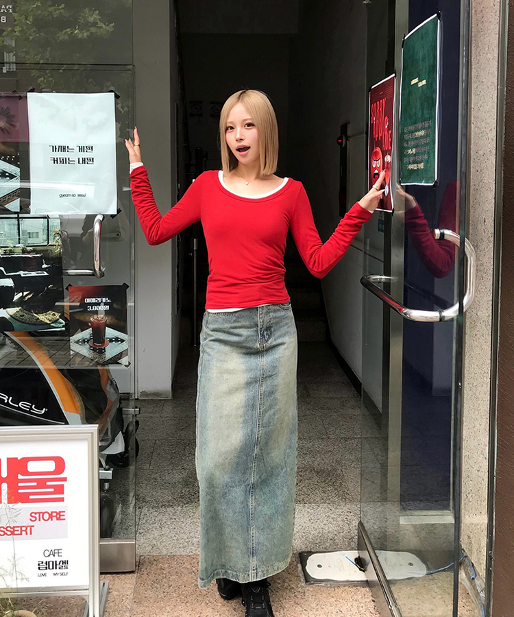 [숏,롱/고퀄] 워싱 뒷밴딩 롱 데님스커트 빈티지중청