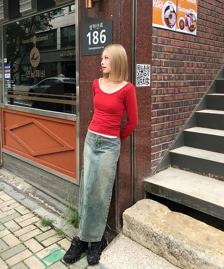 [숏,롱/고퀄] 워싱 뒷밴딩 롱 데님스커트 빈티지중청