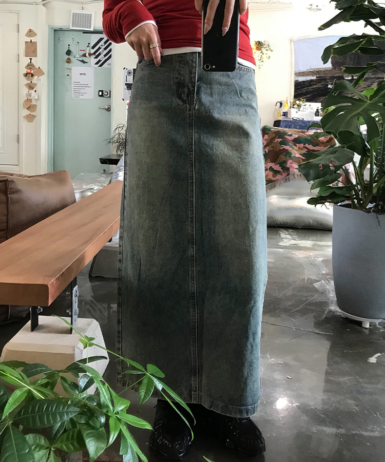 [숏,롱/고퀄] 워싱 뒷밴딩 롱 데님스커트 빈티지중청