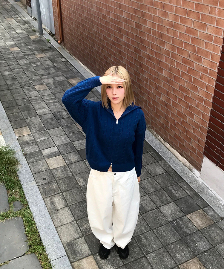 터틀넥 꽈배기 니트 집업 블루