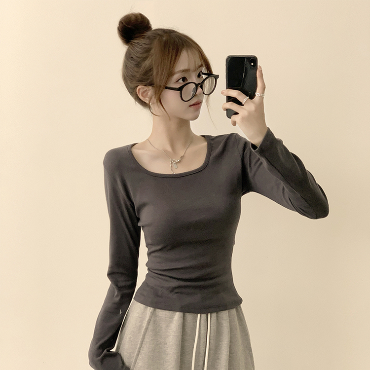 쇄골 노출로 여리여리한 무드의 스퀘어넥 여름 가을 데일리 기본 긴팔 티셔츠 면 모달 랍빠 세미 크롭 긴팔티 4color 차콜