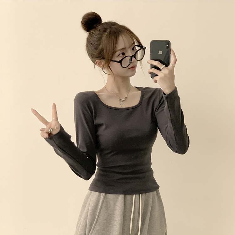 쇄골 노출로 여리여리한 무드의 스퀘어넥 여름 가을 데일리 기본 긴팔 티셔츠 면 모달 랍빠 세미 크롭 긴팔티 4color 차콜