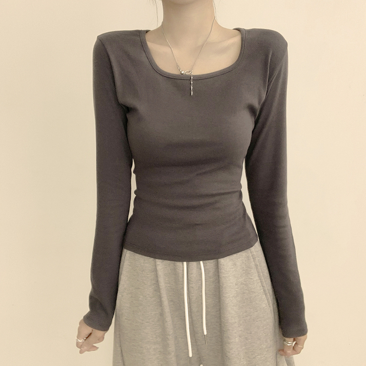 쇄골 노출로 여리여리한 무드의 스퀘어넥 여름 가을 데일리 기본 긴팔 티셔츠 면 모달 랍빠 세미 크롭 긴팔티 4color 차콜