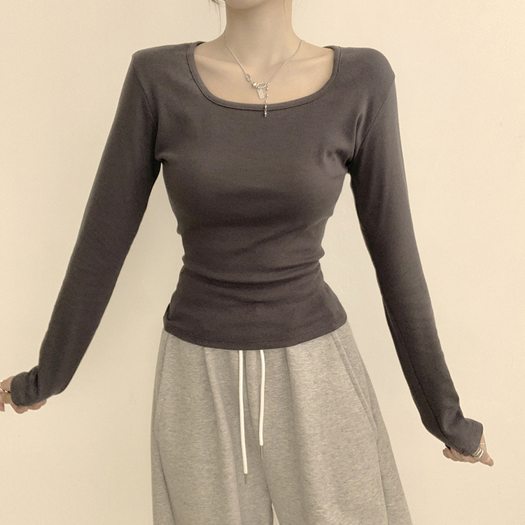 쇄골 노출로 여리여리한 무드의 스퀘어넥 여름 가을 데일리 기본 긴팔 티셔츠 면 모달 랍빠 세미 크롭 긴팔티 4color 차콜