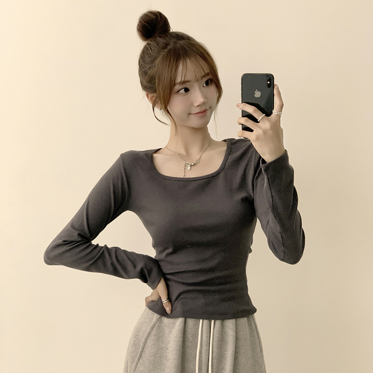 쇄골 노출로 여리여리한 무드의 스퀘어넥 여름 가을 데일리 기본 긴팔 티셔츠 면 모달 랍빠 세미 크롭 긴팔티 4color 차콜