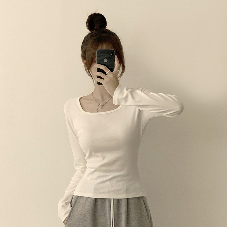 쇄골 노출로 여리여리한 무드의 스퀘어넥 여름 가을 데일리 기본 긴팔 티셔츠 면 모달 랍빠 세미 크롭 긴팔티 4color 아이보리