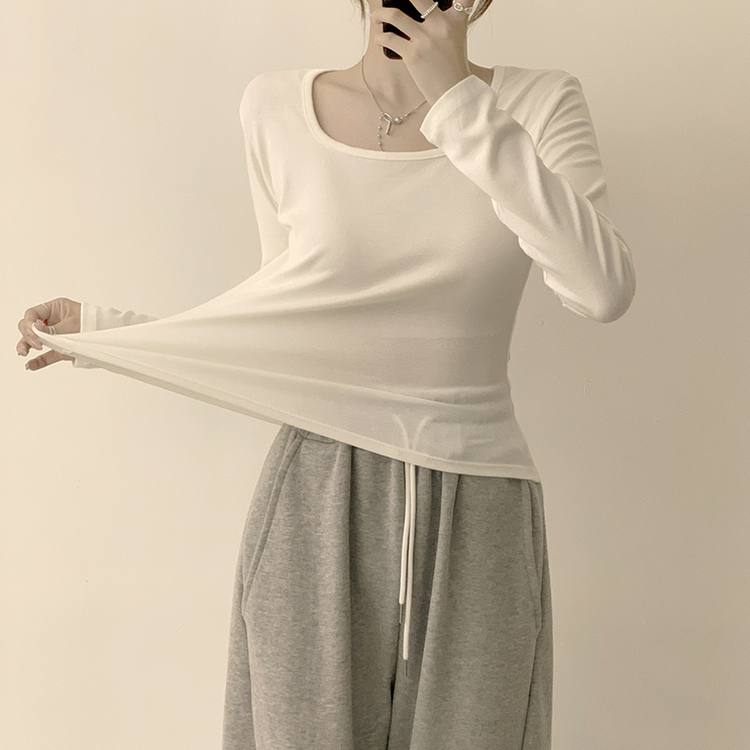 쇄골 노출로 여리여리한 무드의 스퀘어넥 여름 가을 데일리 기본 긴팔 티셔츠 면 모달 랍빠 세미 크롭 긴팔티 4color 아이보리