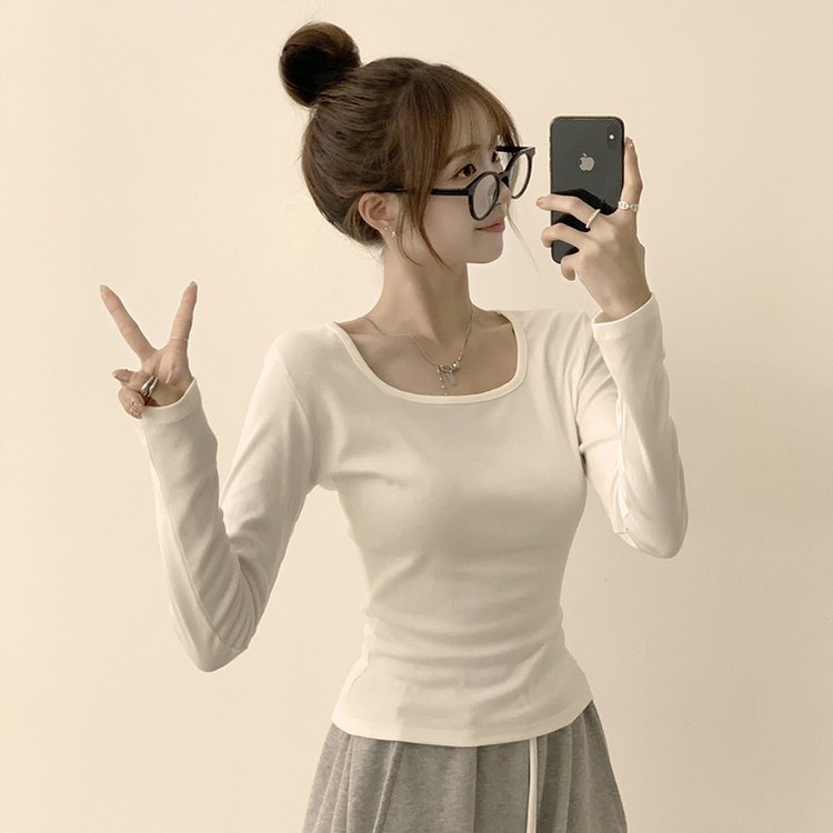 쇄골 노출로 여리여리한 무드의 스퀘어넥 여름 가을 데일리 기본 긴팔 티셔츠 면 모달 랍빠 세미 크롭 긴팔티 4color 아이보리