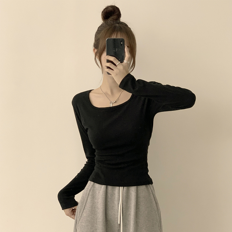 쇄골 노출로 여리여리한 무드의 스퀘어넥 여름 가을 데일리 기본 긴팔 티셔츠 면 모달 랍빠 세미 크롭 긴팔티 4color 블랙