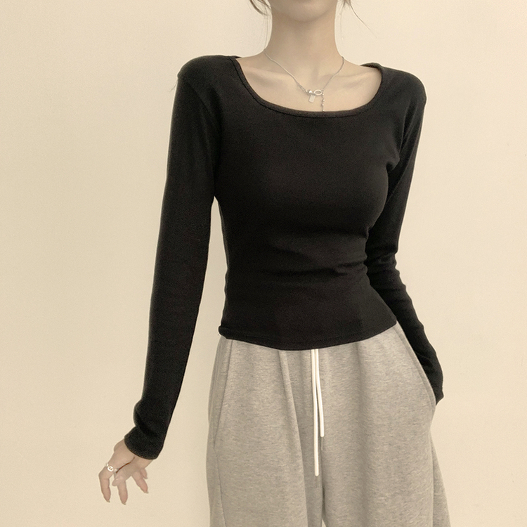 쇄골 노출로 여리여리한 무드의 스퀘어넥 여름 가을 데일리 기본 긴팔 티셔츠 면 모달 랍빠 세미 크롭 긴팔티 4color 블랙