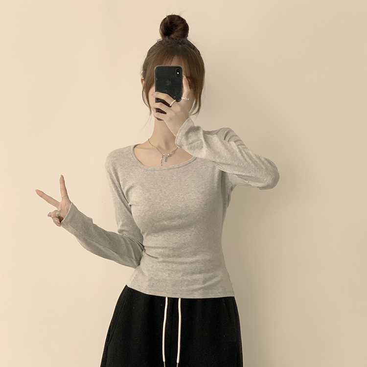 쇄골 노출로 여리여리한 무드의 스퀘어넥 여름 가을 데일리 기본 긴팔 티셔츠 면 모달 랍빠 세미 크롭 긴팔티 4color 그레이