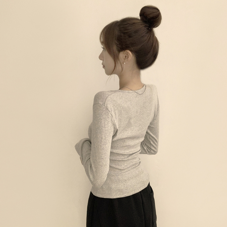 쇄골 노출로 여리여리한 무드의 스퀘어넥 여름 가을 데일리 기본 긴팔 티셔츠 면 모달 랍빠 세미 크롭 긴팔티 4color 그레이