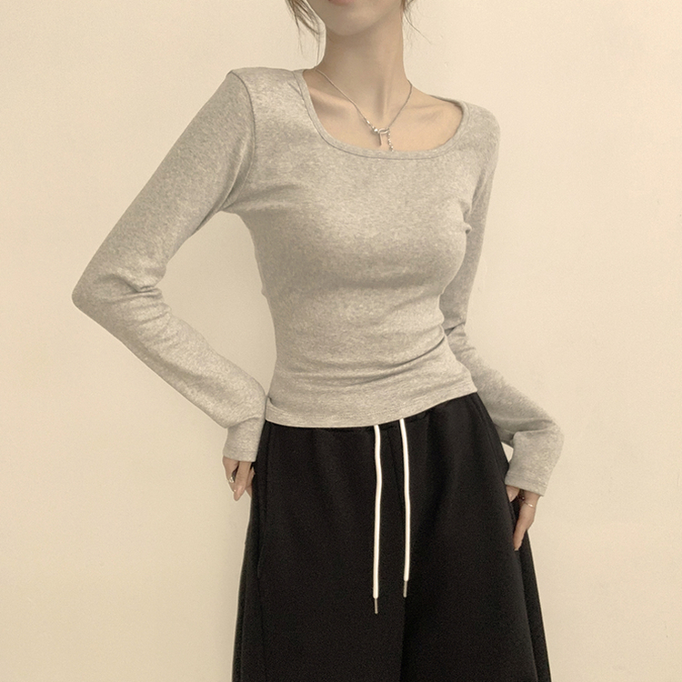 쇄골 노출로 여리여리한 무드의 스퀘어넥 여름 가을 데일리 기본 긴팔 티셔츠 면 모달 랍빠 세미 크롭 긴팔티 4color 그레이
