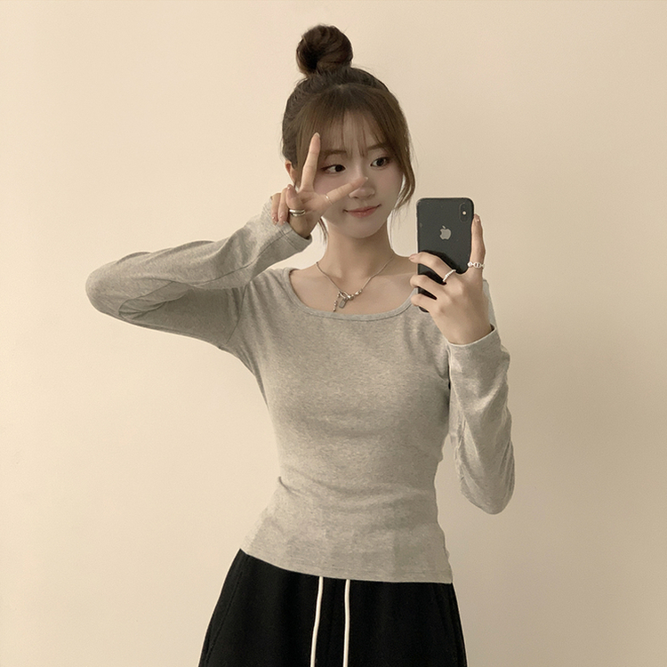 쇄골 노출로 여리여리한 무드의 스퀘어넥 여름 가을 데일리 기본 긴팔 티셔츠 면 모달 랍빠 세미 크롭 긴팔티 4color 그레이