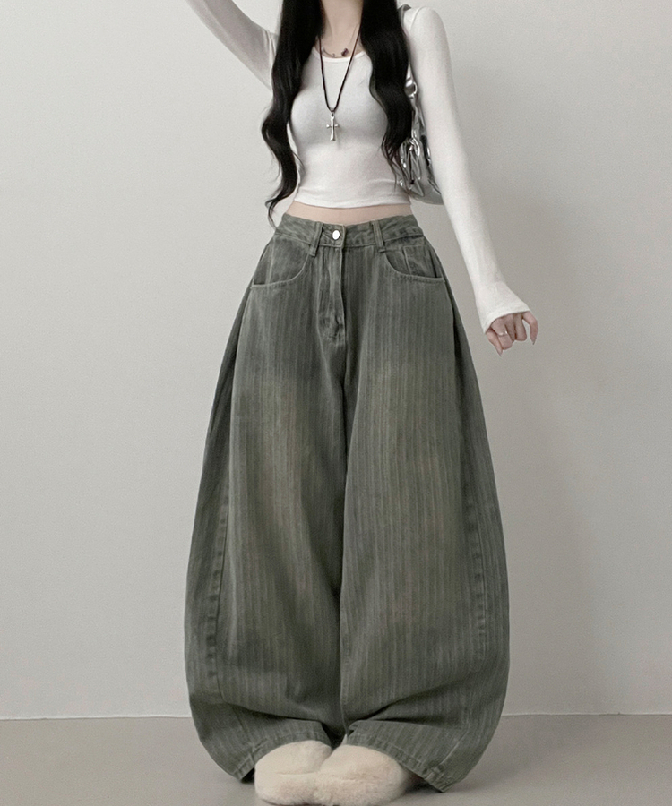 숏롱선택스트라이프워싱데님사이드스냅와이드롱팬츠 진청