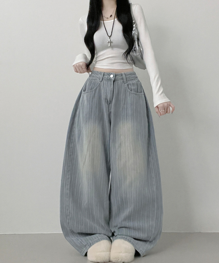 숏롱선택스트라이프워싱데님사이드스냅와이드롱팬츠 연청