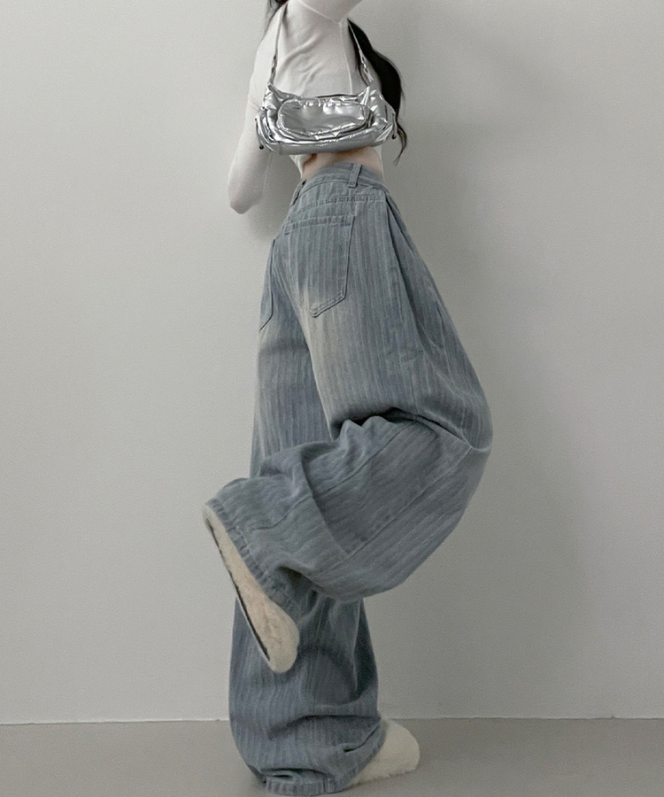 숏롱선택스트라이프워싱데님사이드스냅와이드롱팬츠 연청