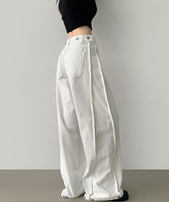 3XL허얇골넓 밑단스냅 절개 핀턱 비조 와이드 벌룬 면팬츠 화이트