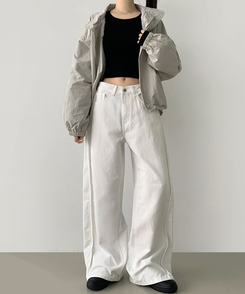 3XL허얇골넓 밑단스냅 절개 핀턱 비조 와이드 벌룬 면팬츠 화이트