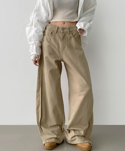 3XL허얇골넓 밑단스냅 절개 핀턱 비조 와이드 벌룬 면팬츠 베이지