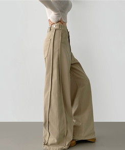 3XL허얇골넓 밑단스냅 절개 핀턱 비조 와이드 벌룬 면팬츠 베이지
