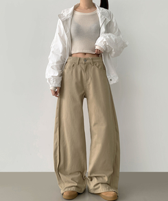 3XL허얇골넓 밑단스냅 절개 핀턱 비조 와이드 벌룬 면팬츠 베이지