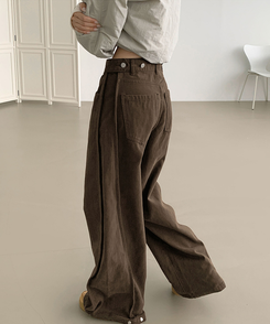 3XL허얇골넓 밑단스냅 절개 핀턱 비조 와이드 벌룬 면팬츠 딥브라운