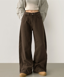 3XL허얇골넓 밑단스냅 절개 핀턱 비조 와이드 벌룬 면팬츠 딥브라운