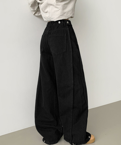 3XL허얇골넓 밑단스냅 절개 핀턱 비조 와이드 벌룬 면팬츠 블랙