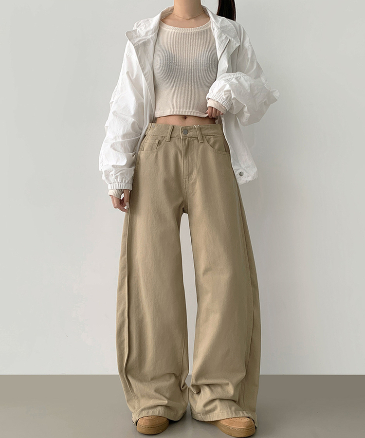 3XL허얇골넓 밑단스냅 절개 핀턱 비조 와이드 벌룬 면팬츠 베이지
