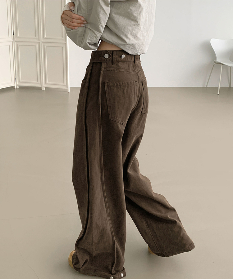 3XL허얇골넓 밑단스냅 절개 핀턱 비조 와이드 벌룬 면팬츠 딥브라운
