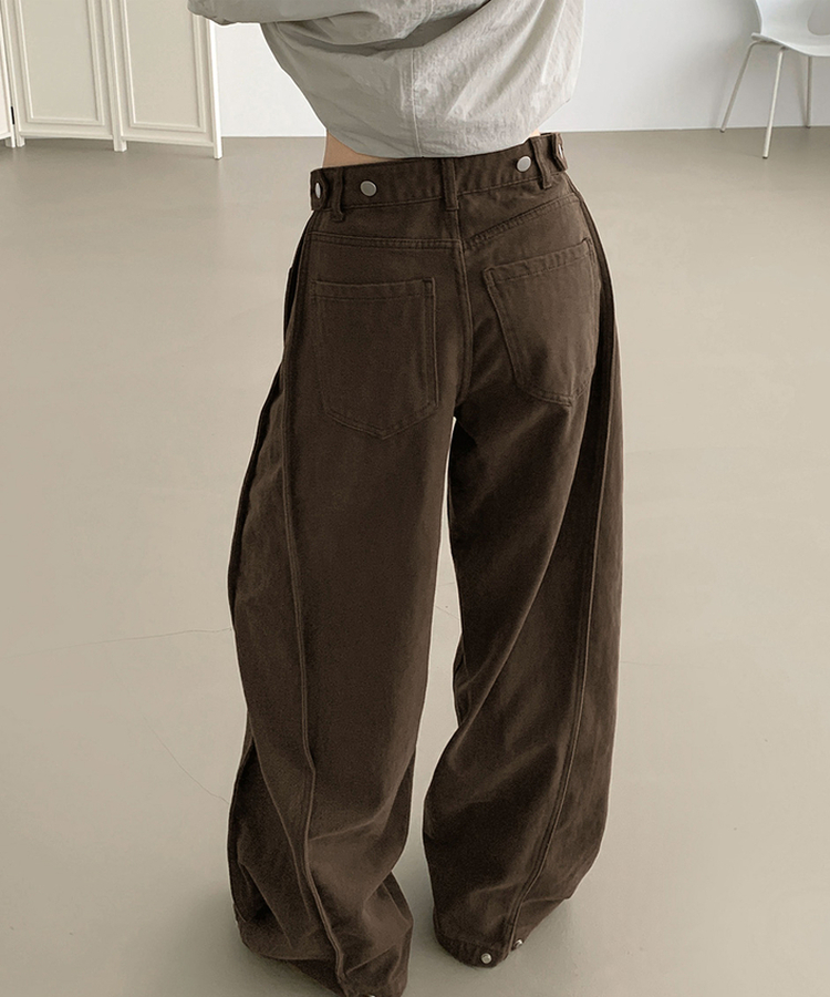 3XL허얇골넓 밑단스냅 절개 핀턱 비조 와이드 벌룬 면팬츠 딥브라운