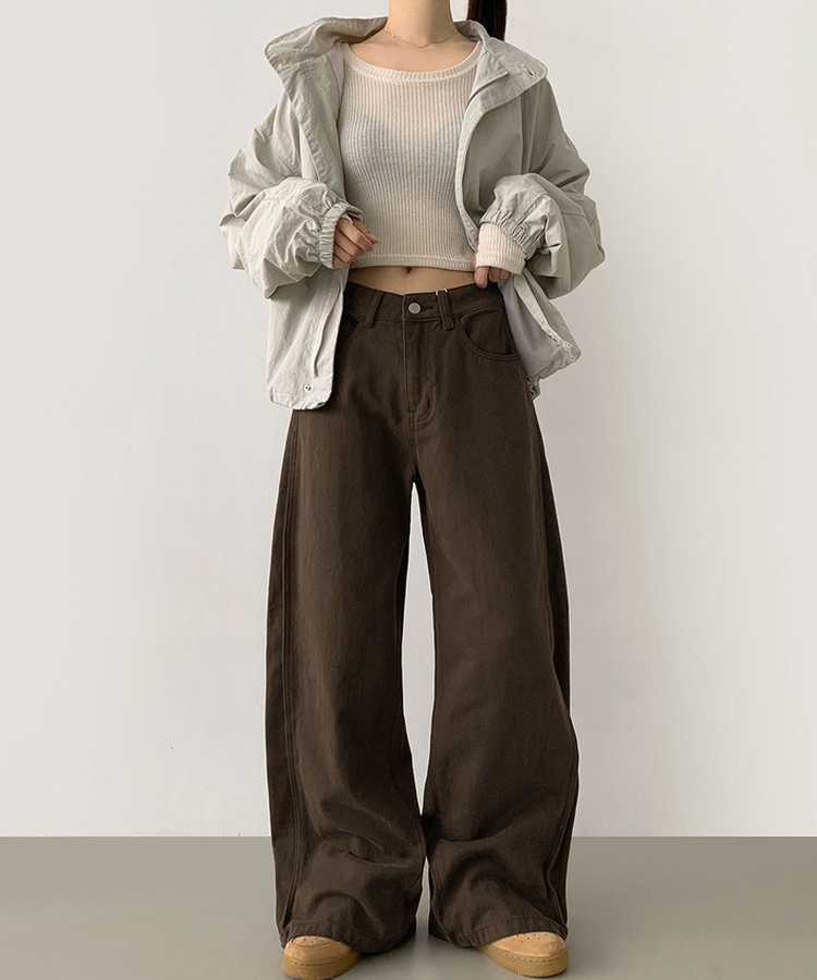 3XL허얇골넓 밑단스냅 절개 핀턱 비조 와이드 벌룬 면팬츠 딥브라운