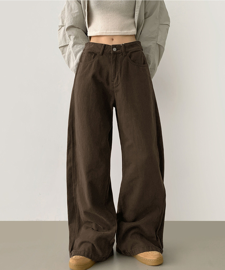 3XL허얇골넓 밑단스냅 절개 핀턱 비조 와이드 벌룬 면팬츠 딥브라운