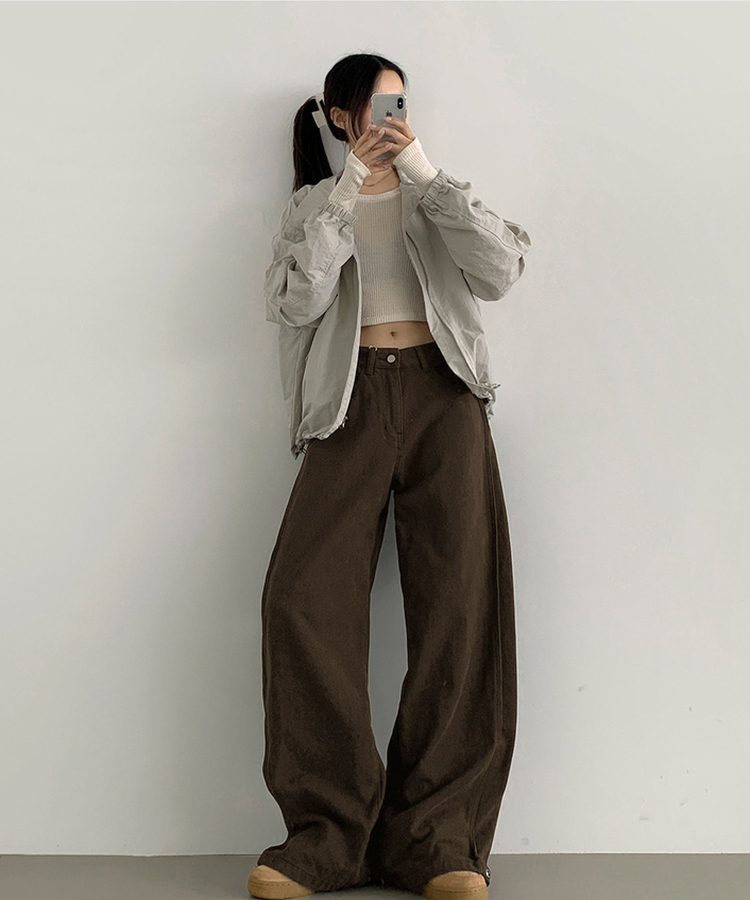 3XL허얇골넓 밑단스냅 절개 핀턱 비조 와이드 벌룬 면팬츠 딥브라운