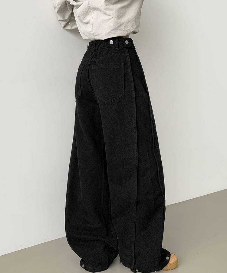 3XL허얇골넓 밑단스냅 절개 핀턱 비조 와이드 벌룬 면팬츠 블랙