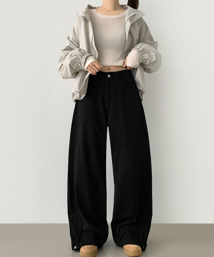 3XL허얇골넓 밑단스냅 절개 핀턱 비조 와이드 벌룬 면팬츠 블랙