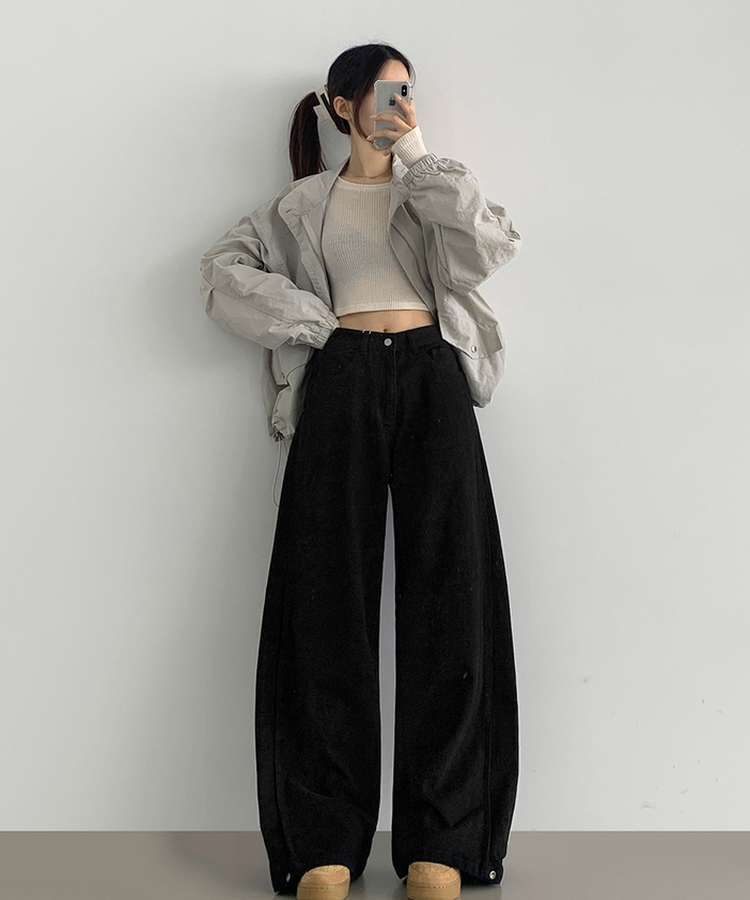 3XL허얇골넓 밑단스냅 절개 핀턱 비조 와이드 벌룬 면팬츠 블랙