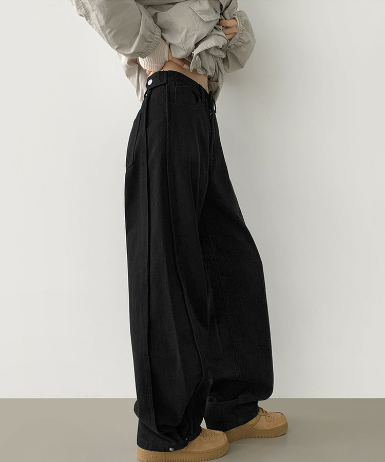 3XL허얇골넓 밑단스냅 절개 핀턱 비조 와이드 벌룬 면팬츠 블랙