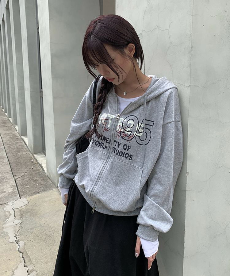 95レタリングルーズフードジップアップ｜ジャンパー｜韓国ファッション