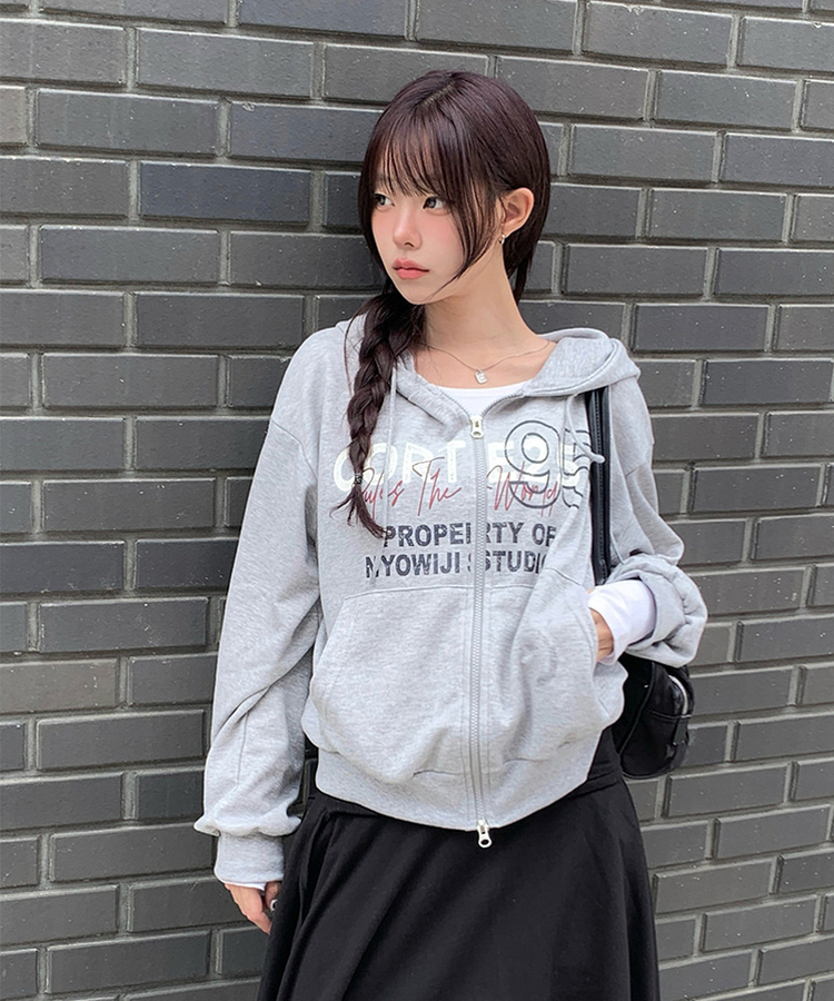 95レタリングルーズフードジップアップ｜ジャンパー｜韓国ファッション