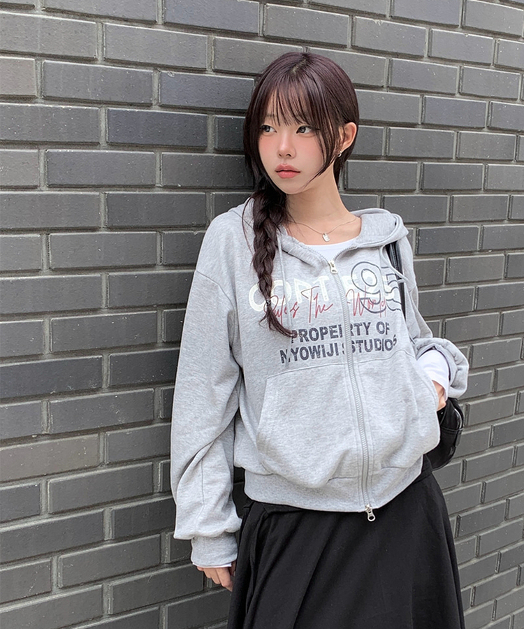 95レタリングルーズフードジップアップ｜ジャンパー｜韓国ファッション
