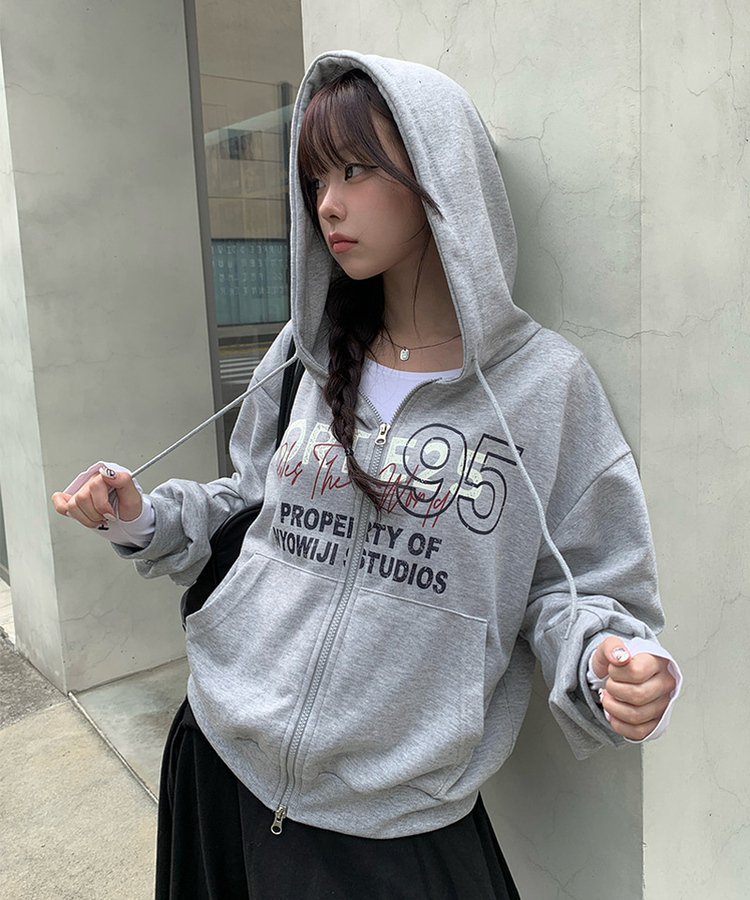 95レタリングルーズフードジップアップ｜ジャンパー｜韓国ファッション
