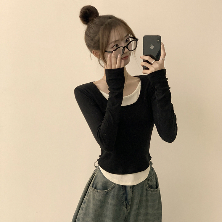 스윗 유넥 잔골지 슬림핏 무지 라운드 배색 데일리 가을 긴팔 티셔츠 간절기 긴팔티 4color 블랙