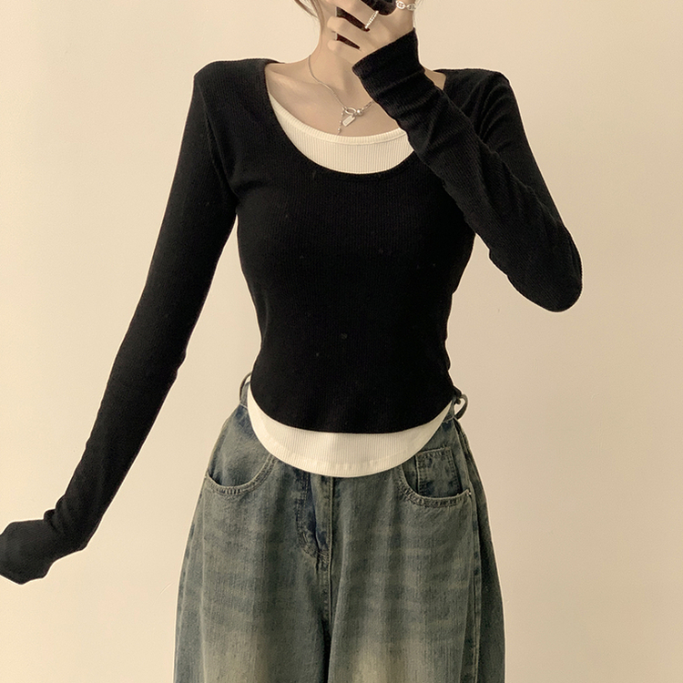 스윗 유넥 잔골지 슬림핏 무지 라운드 배색 데일리 가을 긴팔 티셔츠 간절기 긴팔티 4color 블랙