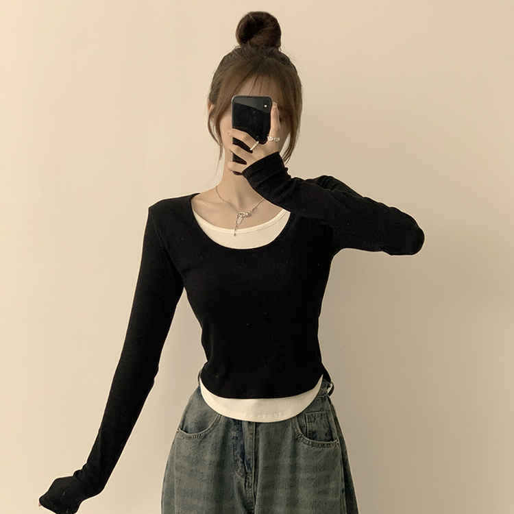 스윗 유넥 잔골지 슬림핏 무지 라운드 배색 데일리 가을 긴팔 티셔츠 간절기 긴팔티 4color 블랙