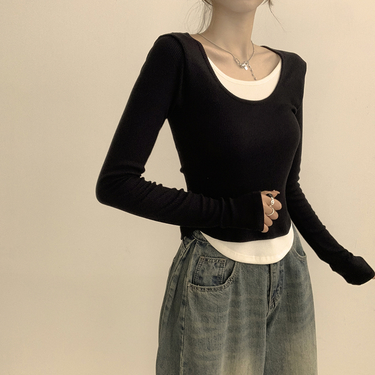 스윗 유넥 잔골지 슬림핏 무지 라운드 배색 데일리 가을 긴팔 티셔츠 간절기 긴팔티 4color 블랙