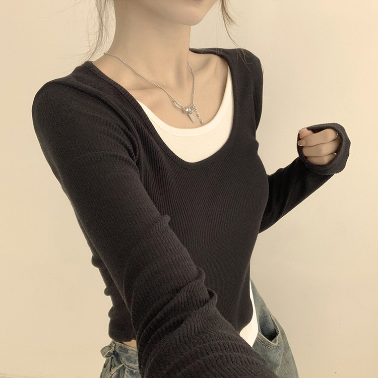 스윗 유넥 잔골지 슬림핏 무지 라운드 배색 데일리 가을 긴팔 티셔츠 간절기 긴팔티 4color 블랙