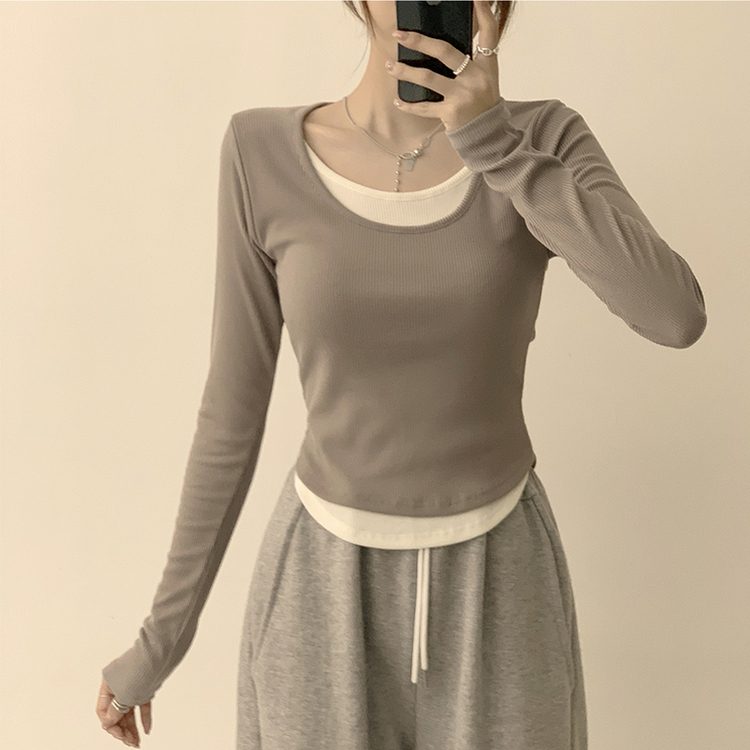 스윗 유넥 잔골지 슬림핏 무지 라운드 배색 데일리 가을 긴팔 티셔츠 간절기 긴팔티 4color 모카