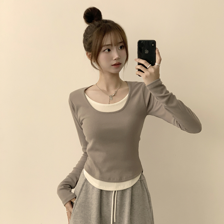 스윗 유넥 잔골지 슬림핏 무지 라운드 배색 데일리 가을 긴팔 티셔츠 간절기 긴팔티 4color 모카